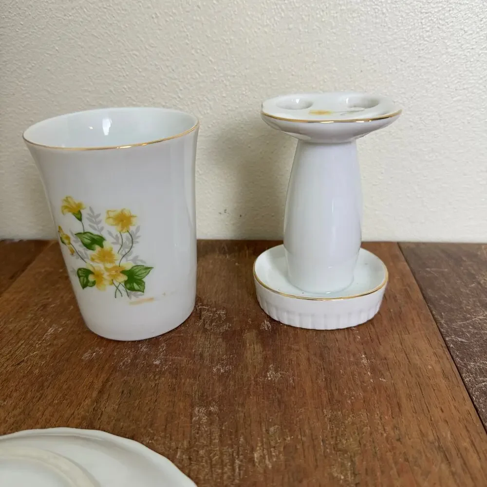 Vintage‎ Japan Porcelain 3pc Bathroom Set Yellow Floral Gold Trim Shell Dish Cup